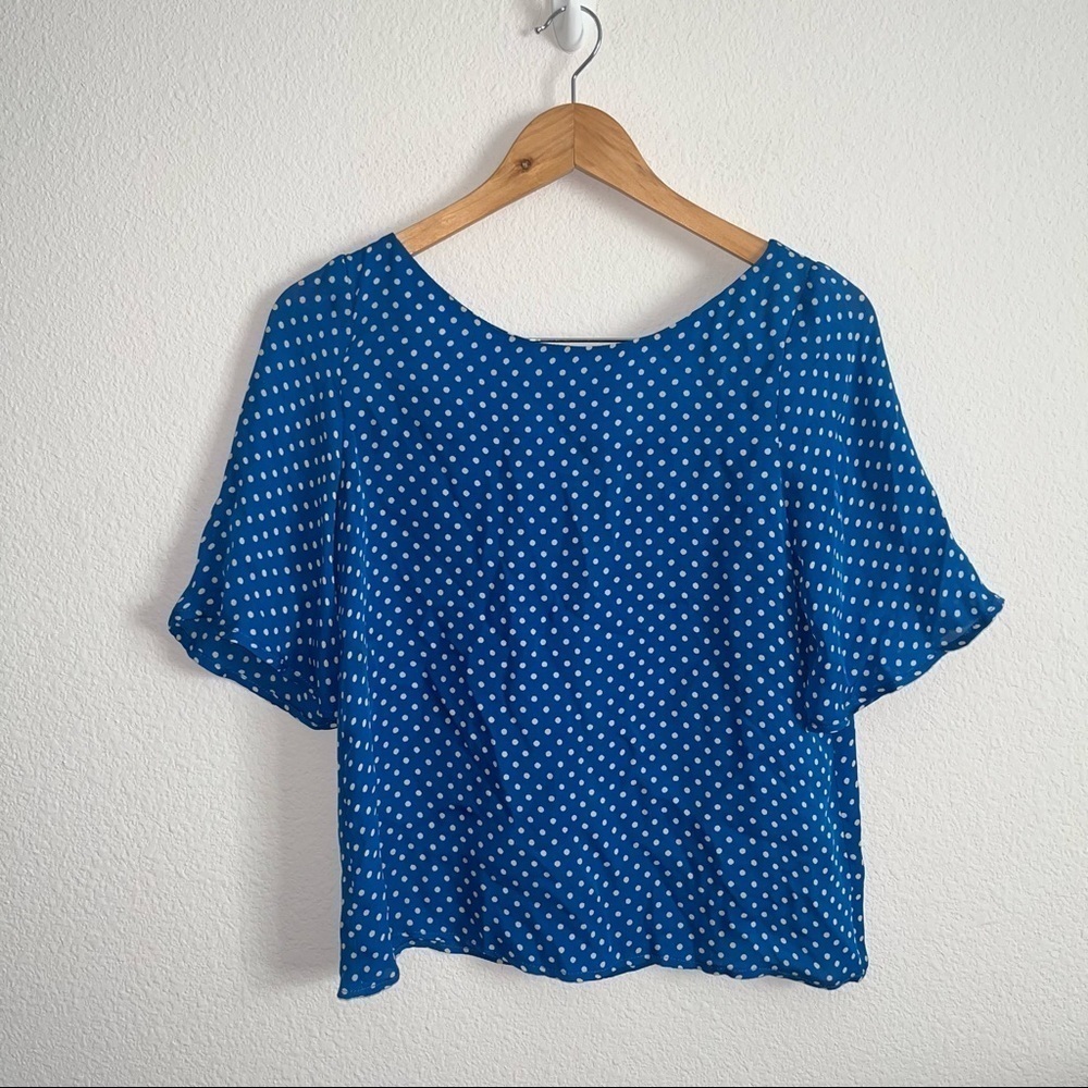 Corey Lynn Calter Anthropologie blue and white polka dot silk shirt open back - Picture 2 of 8